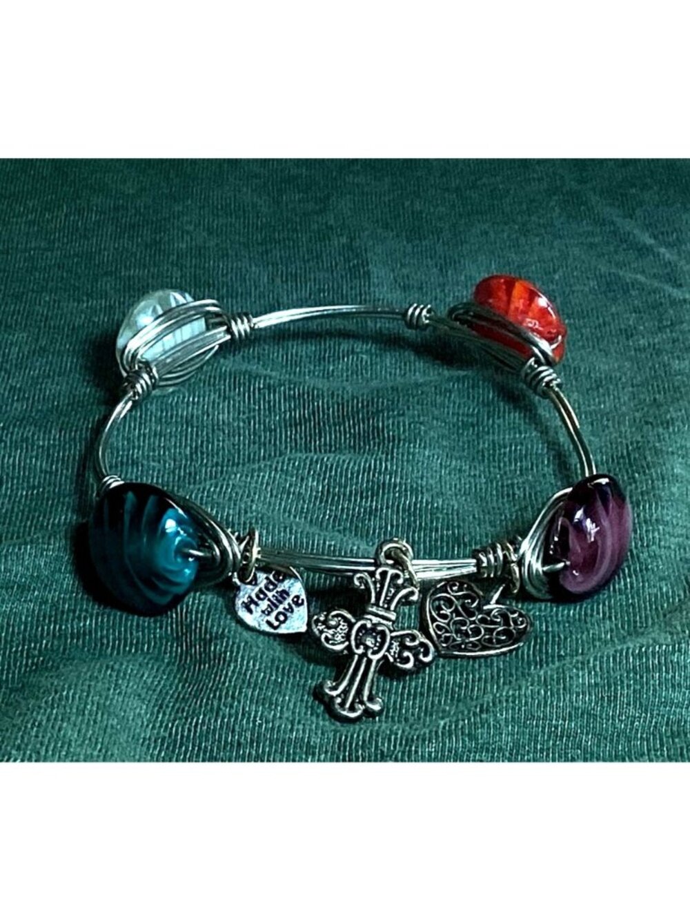 Handmade Silvertone Wire Bangle Bracelet with Multicolor Coin ShapedArt Glass Be